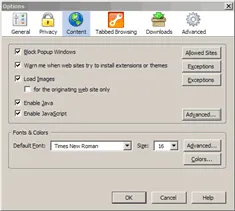 FireFox Options Screen